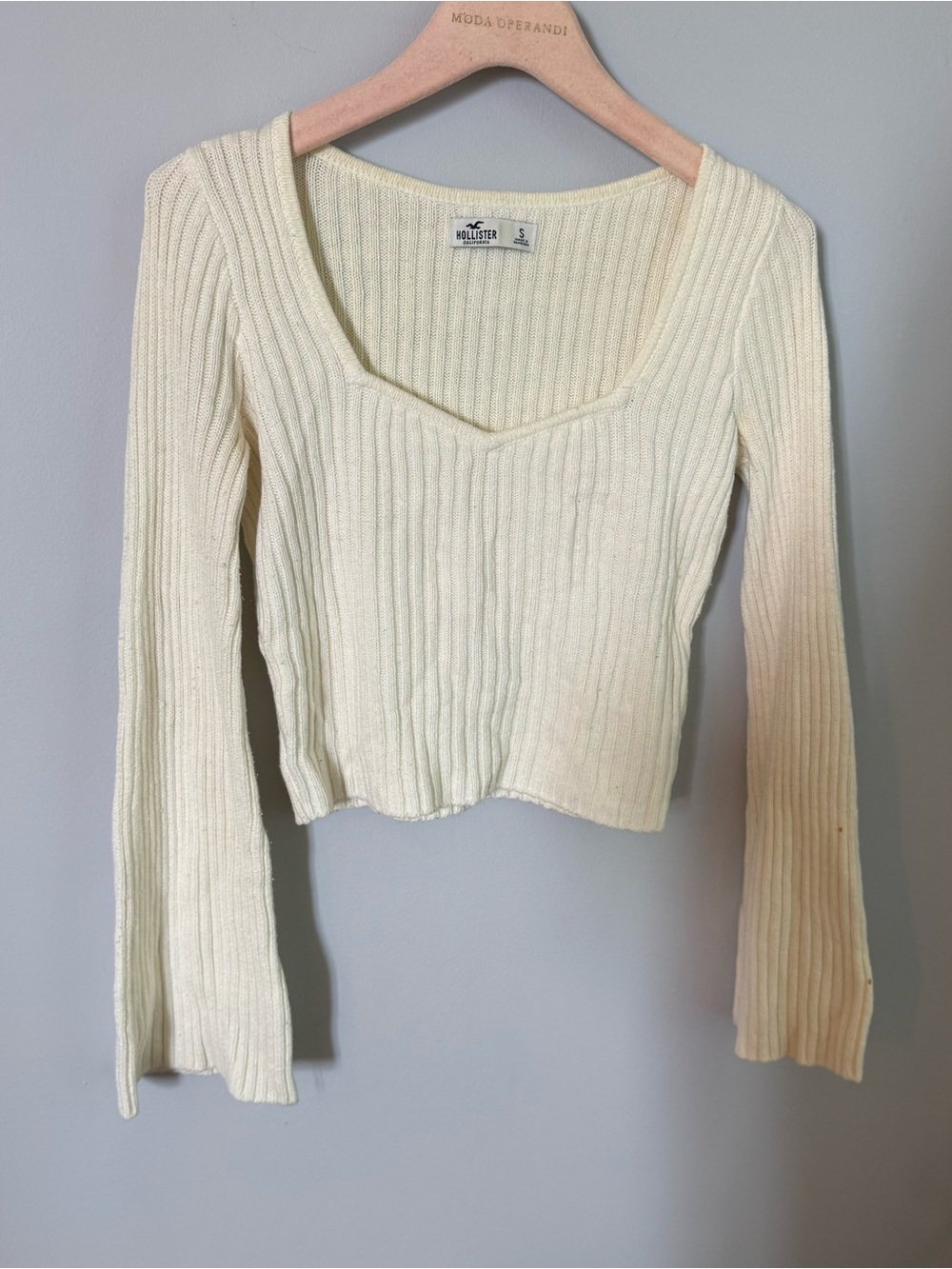 Hollister Ivory Ribbed Square-Neck Long Sleeve Top